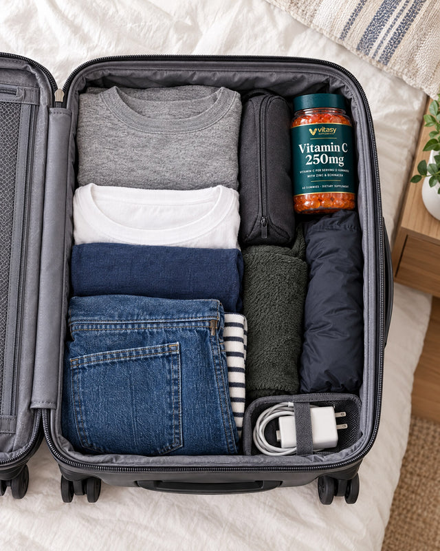 The Vitasy jar in an open carry-on next to a toiletry bag