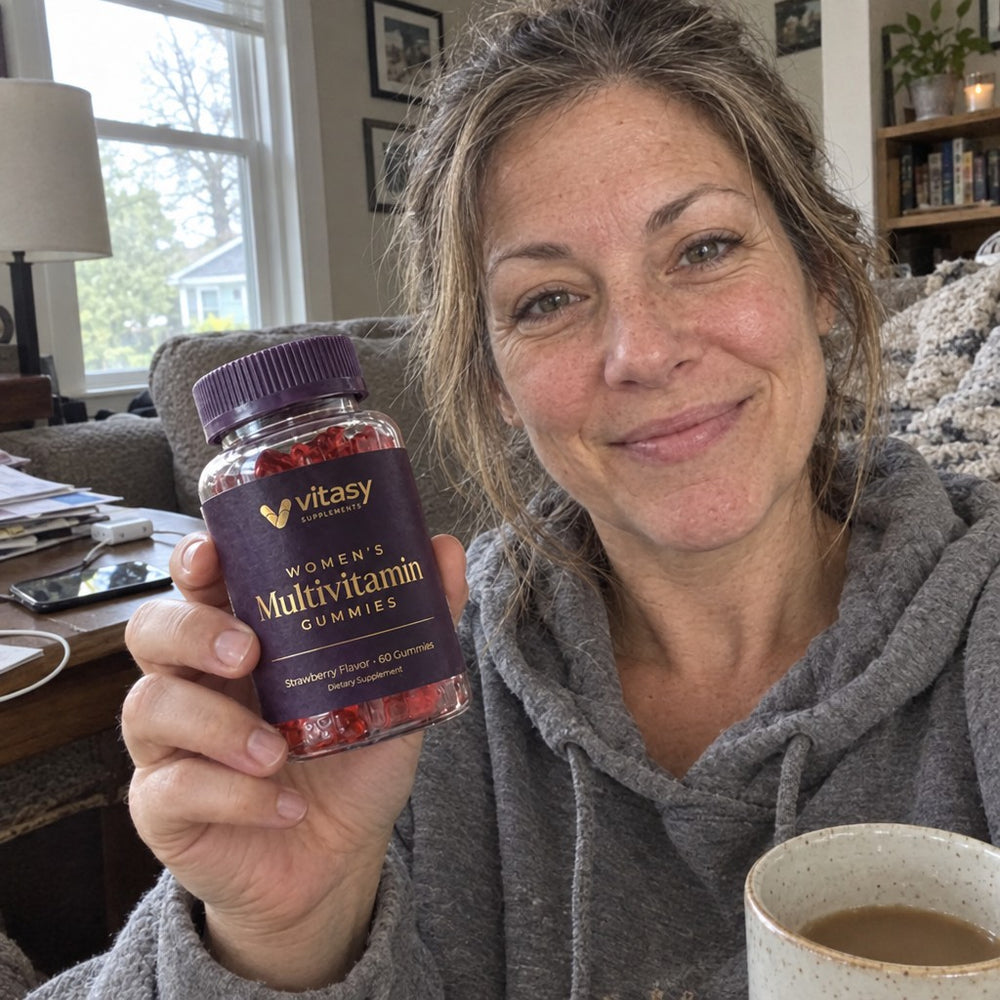 Woman in her mid-40s in a gray hoodie holding a jar of Vitasy Women's Multivitamin Gummies at home with a cup of coffee