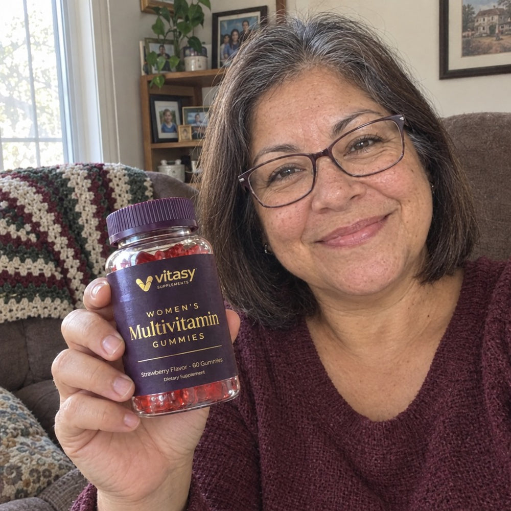 Woman in her mid-50s with glasses holding a jar of Vitasy Women's Multivitamin Gummies in her living room