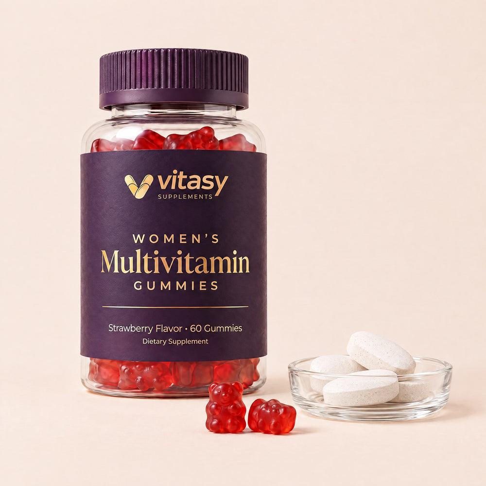 Vitasy Women's Multivitamin Gummies jar with one gummy held between two fingers