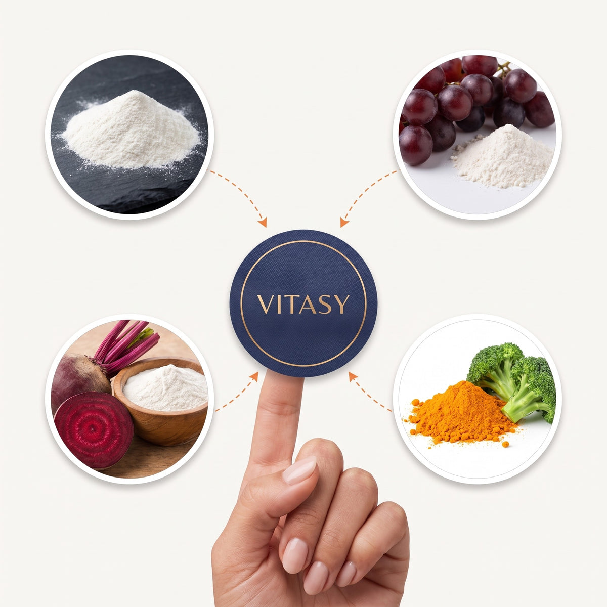 Vitasy NAD+ patch on a fingertip surrounded by its key ingredients