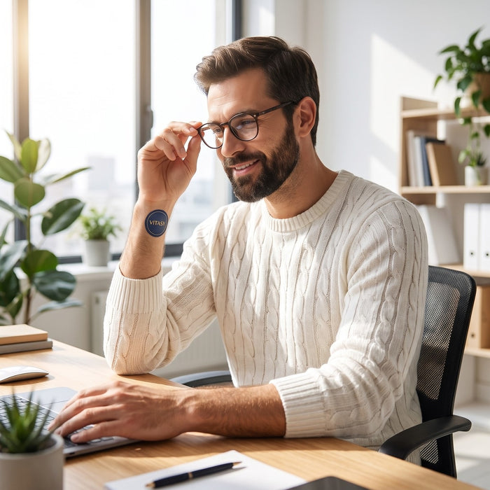 Man adjusting his glasses with a Vitasy patch on his wrist