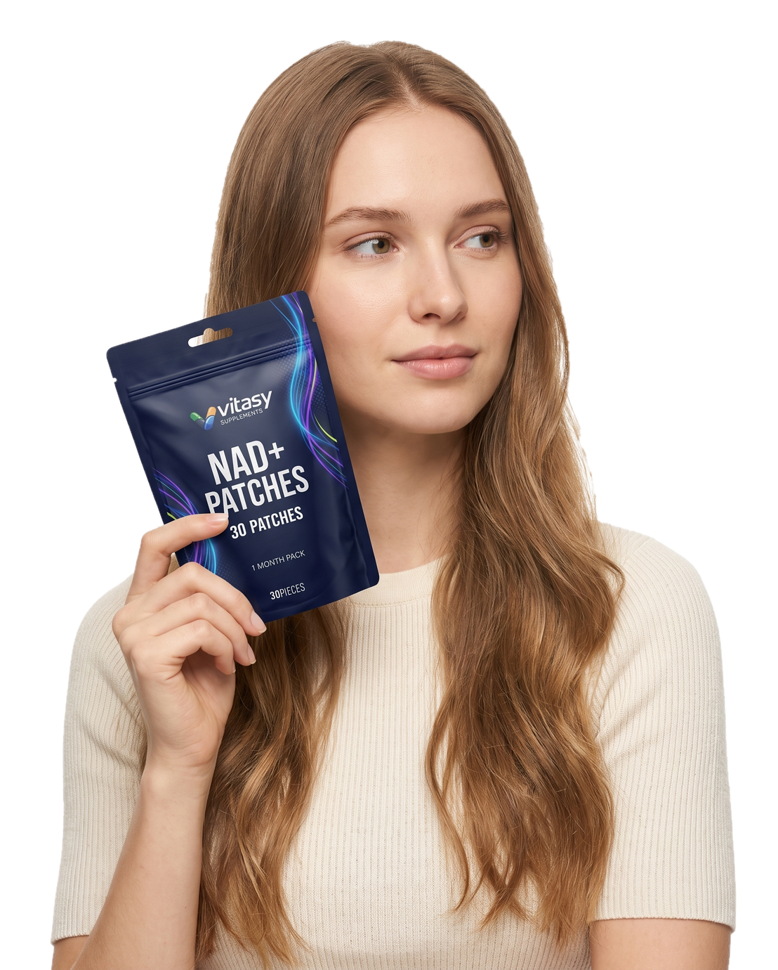 Woman holding a Vitasy NAD+ Patches pouch