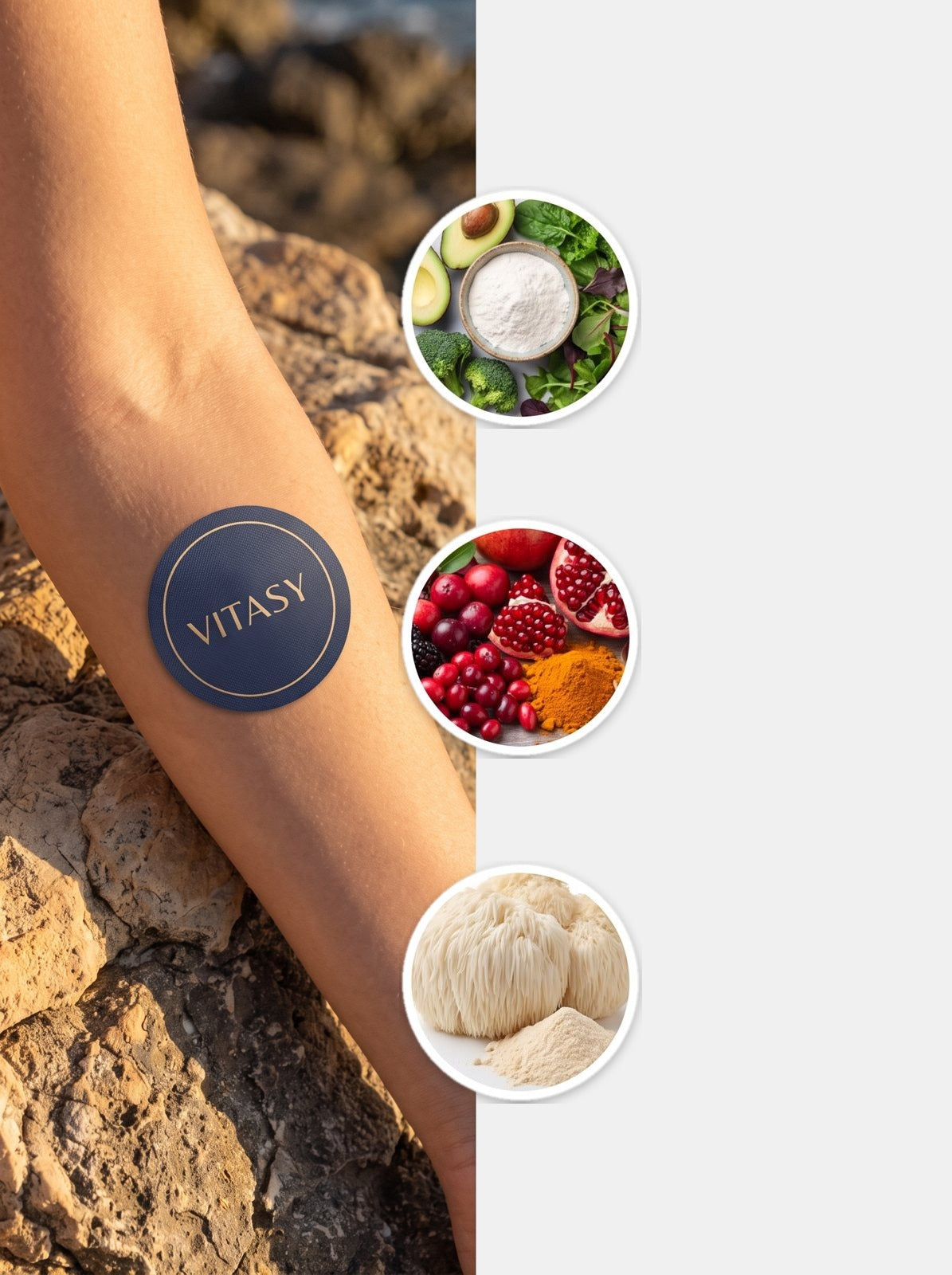 Arm wearing a Vitasy patch next to NMN, CoQ10 and lion's mane ingredients