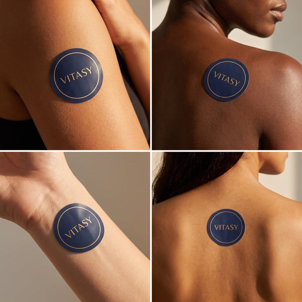 Navy Vitasy patches worn on arm, shoulder and wrist