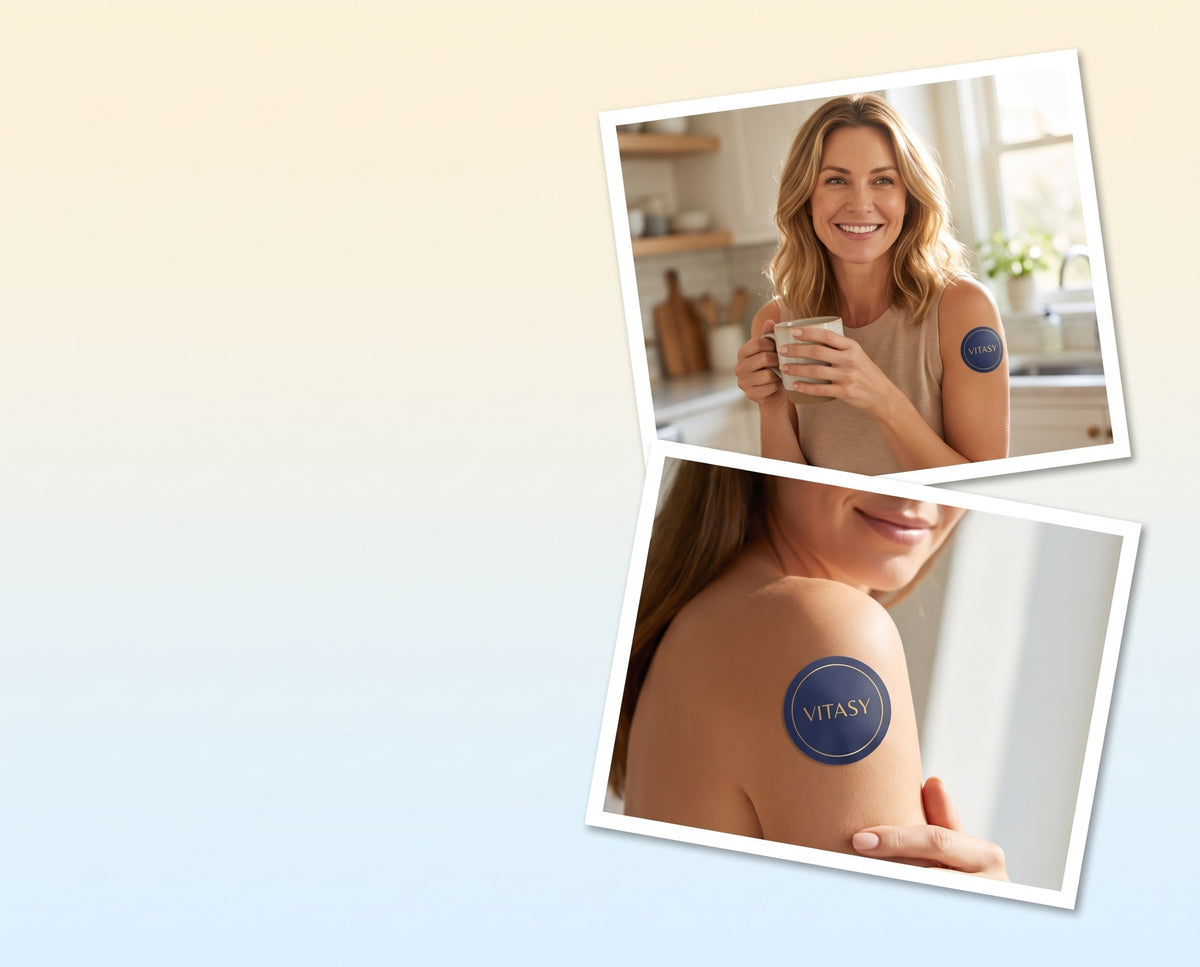 Smiling woman with a Vitasy patch on her upper arm during her morning routine