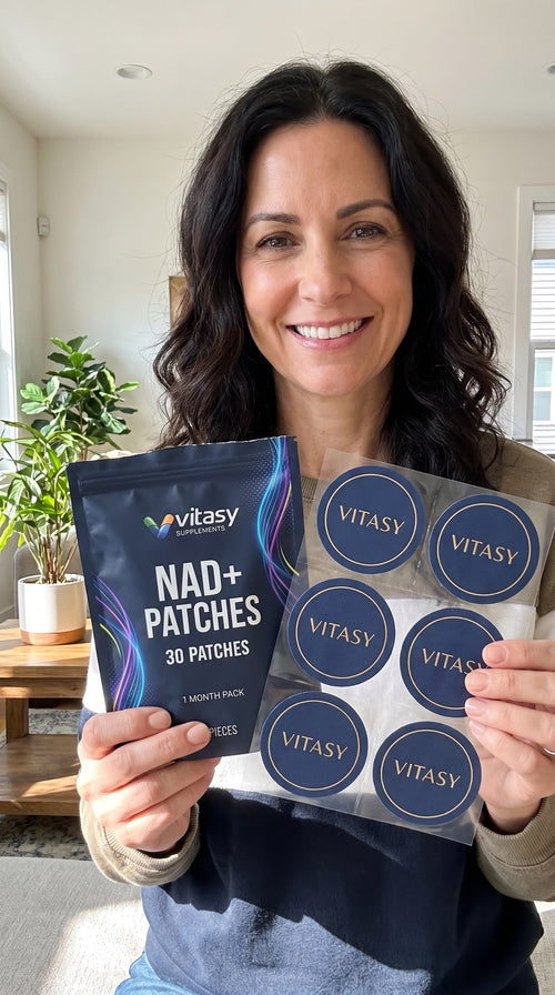 Women holding Vitasy NAD+ Patches pouches and patches