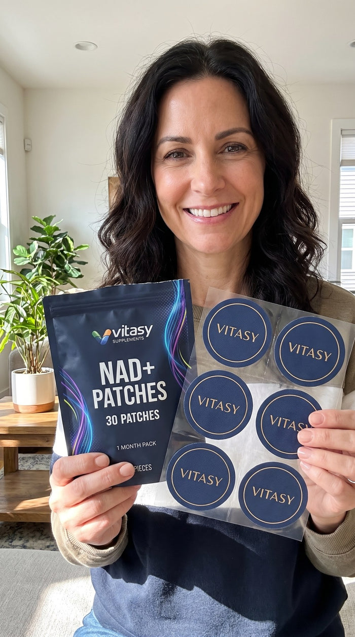 Women holding Vitasy NAD+ Patches pouches and patches