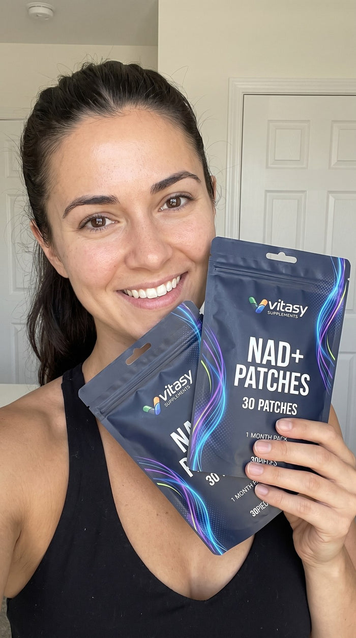 Women holding Vitasy NAD+ Patches pouches and patches