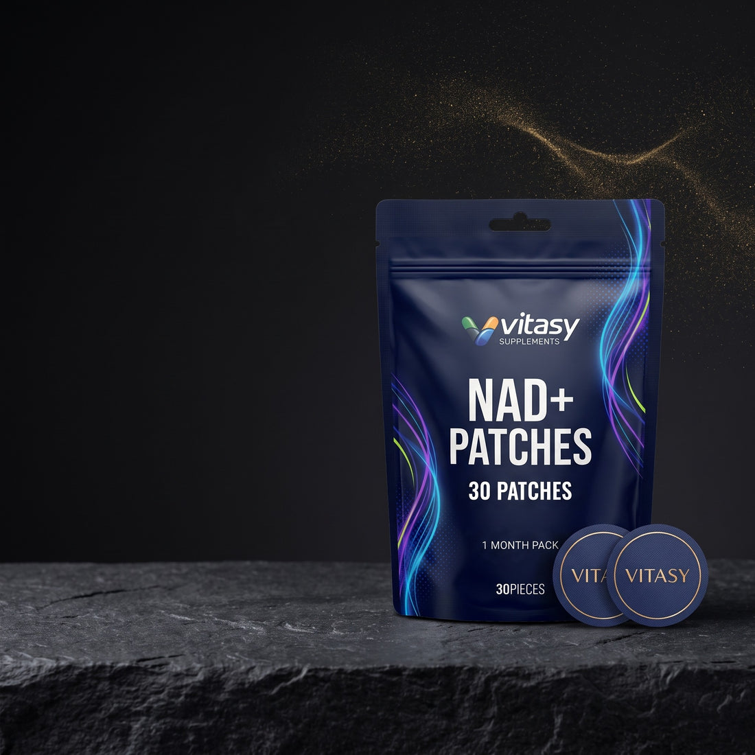 Vitasy NAD+ Patches pouch with two patches on a dark stone surface