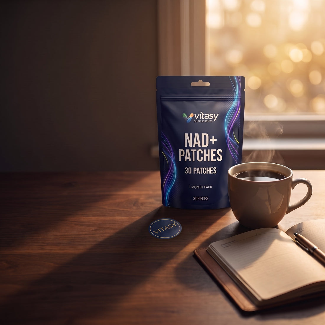 Vitasy NAD+ Patches pouch next to a coffee cup and a planner on a dark desk