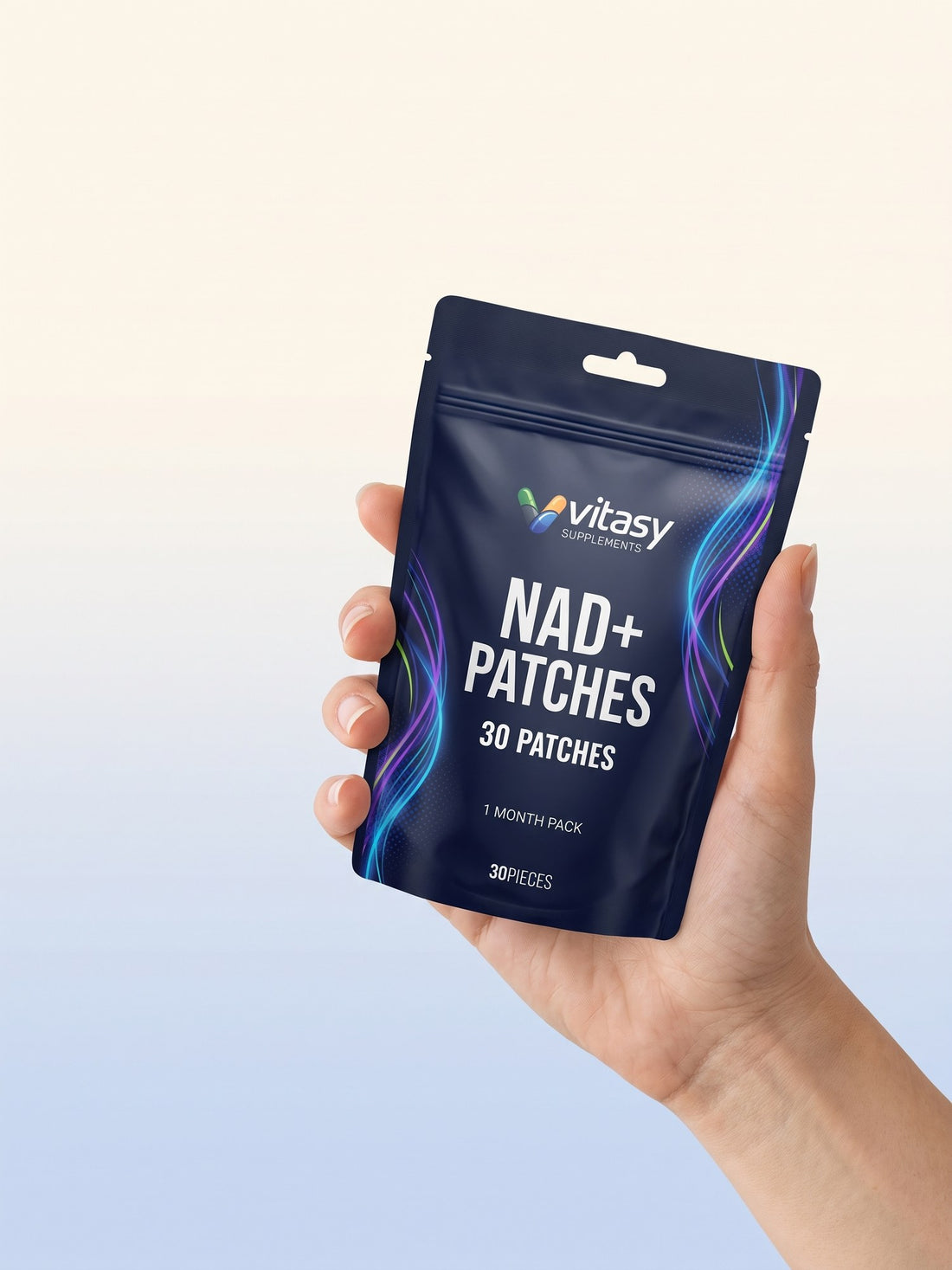 Hand holding a Vitasy NAD+ Patches pouch