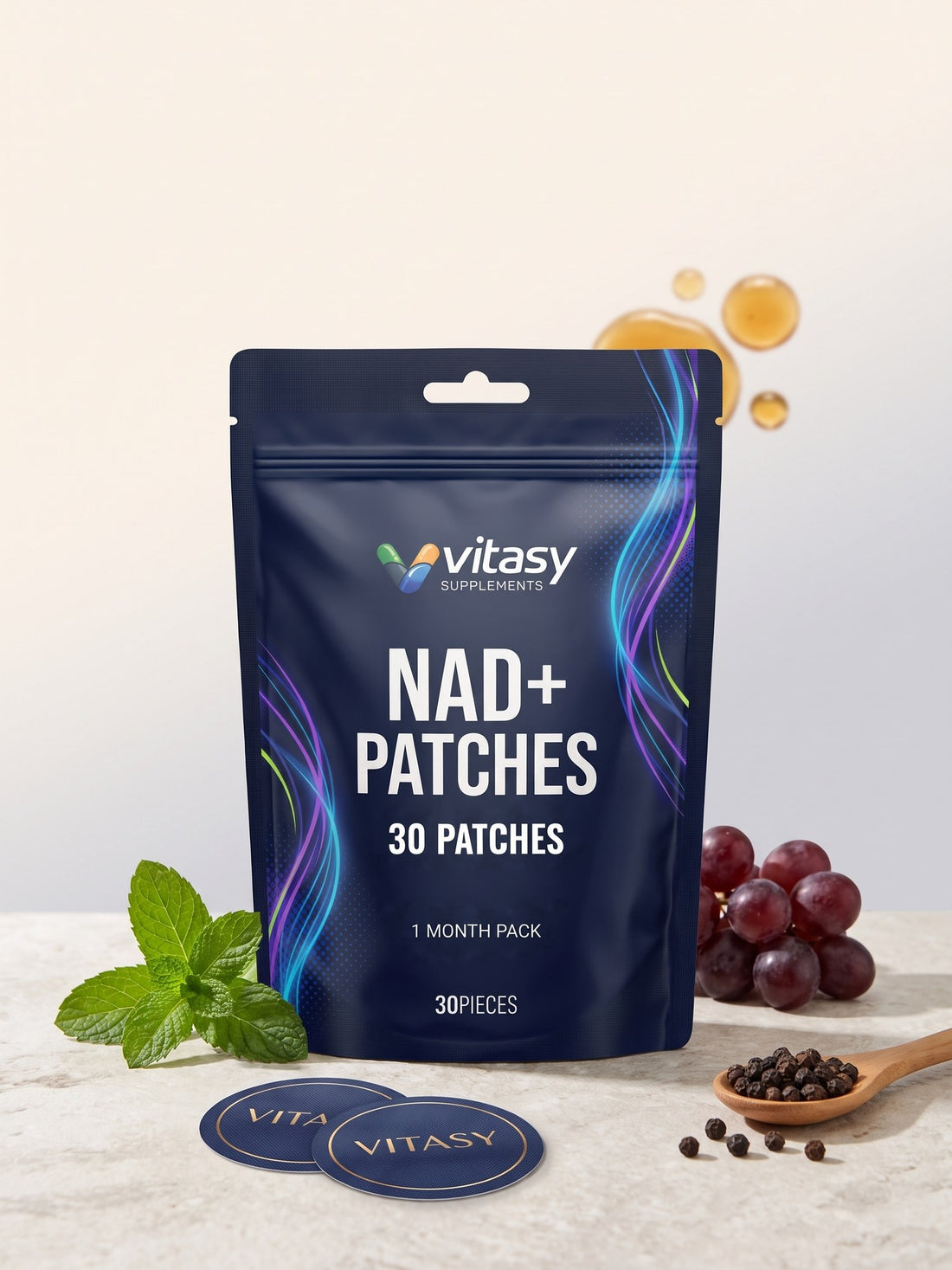 Vitasy NAD+ Patches pouch with grapes, mint leaves and black peppercorns