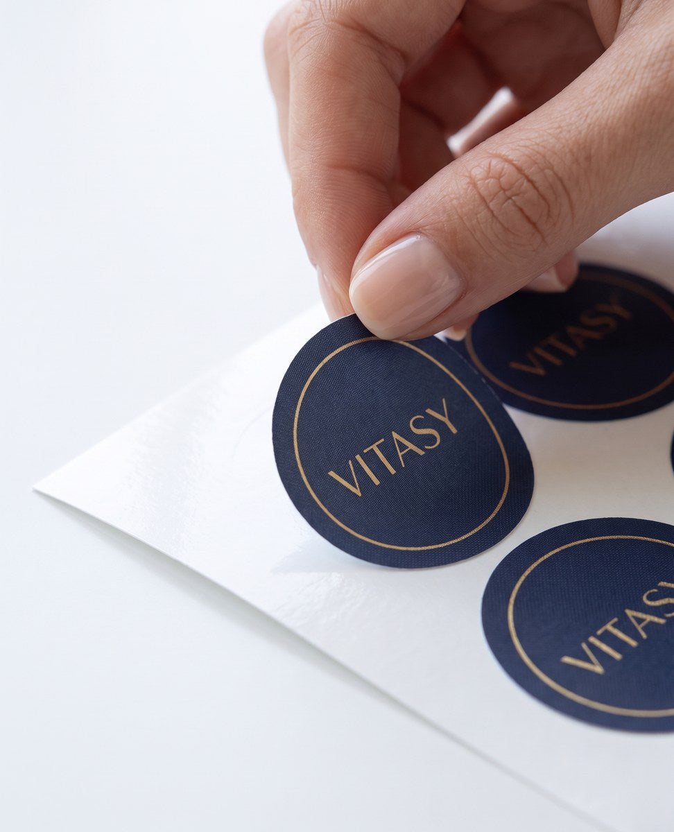 Fingers peeling a Vitasy patch from its backing sheet
