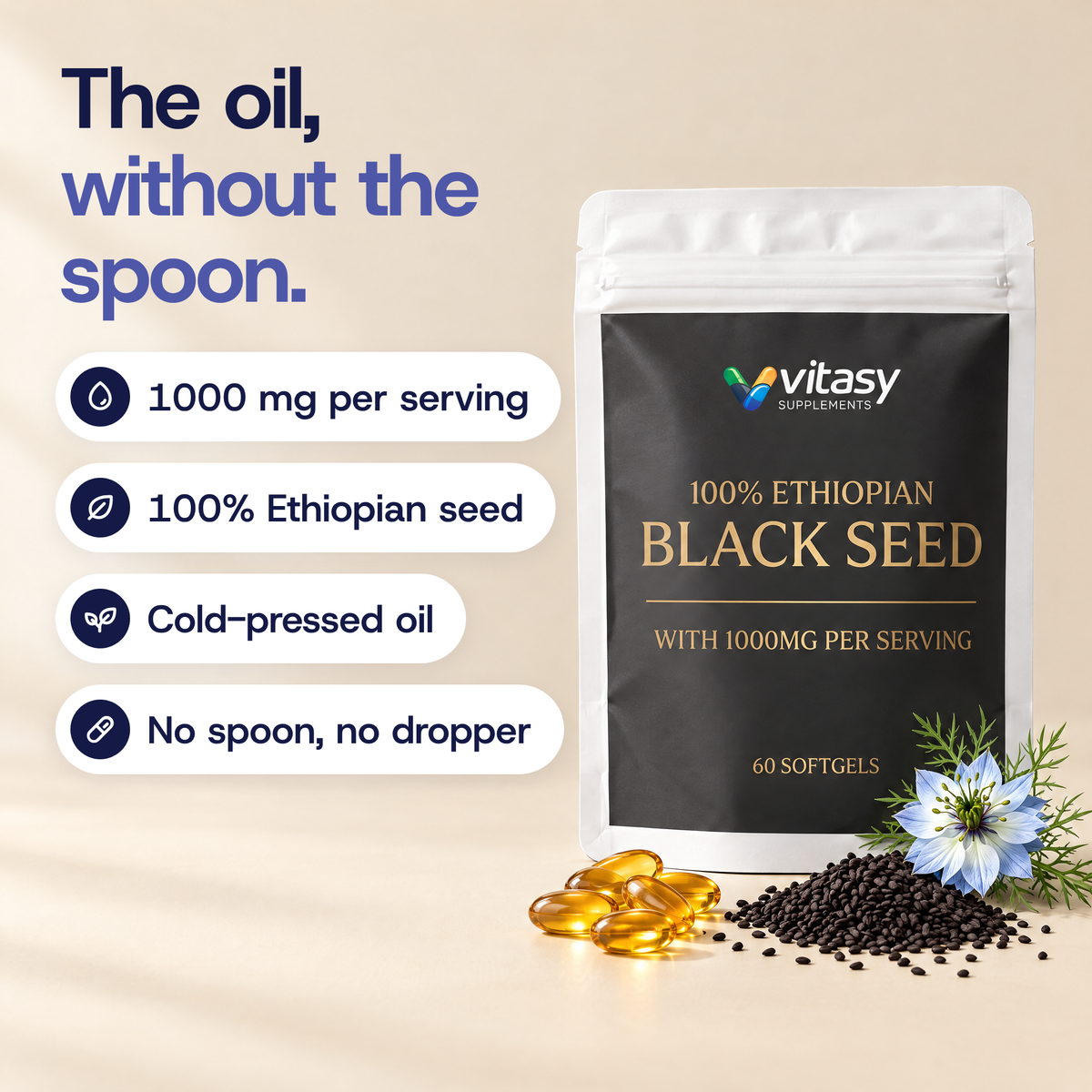 The oil, without the spoon: 1000 mg per serving, 100% Ethiopian seed, cold-pressed oil, no spoon, no dropper