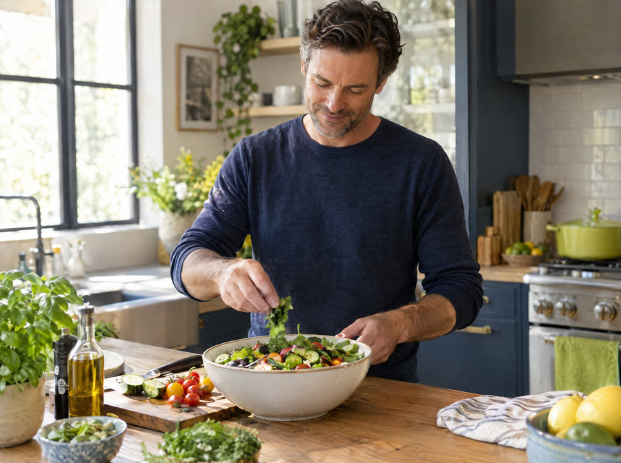 Man preparing a salad at a sunny kitchen counter