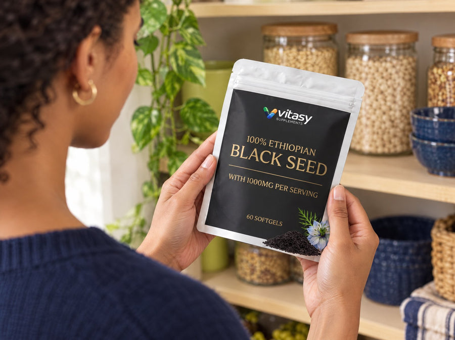 Hands holding the black seed oil pouch to read the label