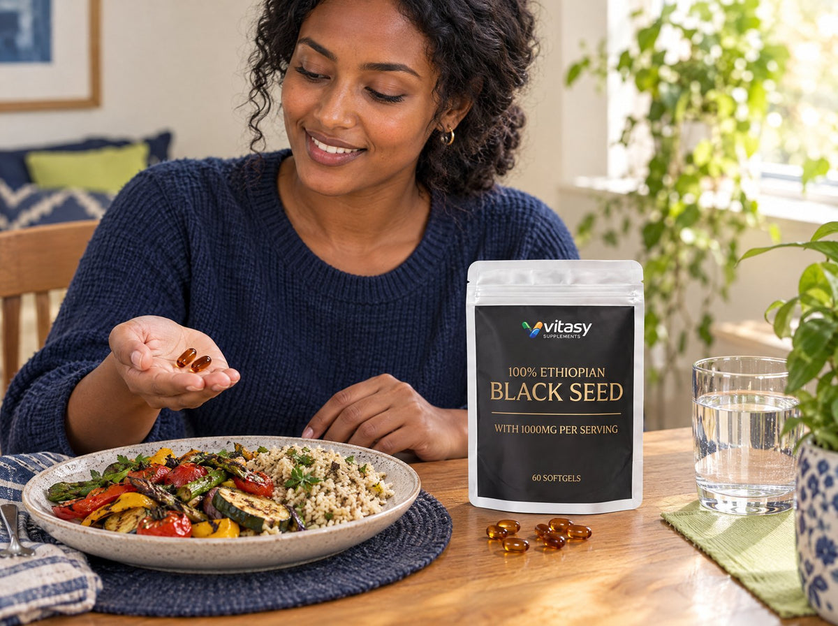 Two black seed oil softgels with lunch