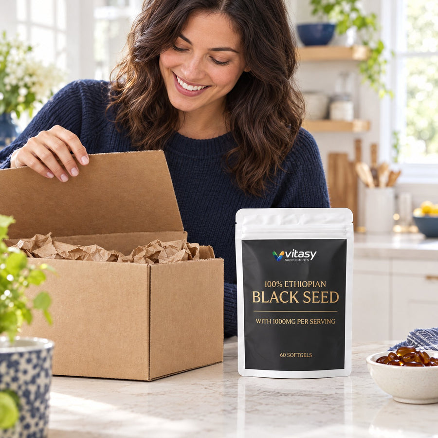 Vitasy black seed oil pouch unpacked from its delivery box on a kitchen counter