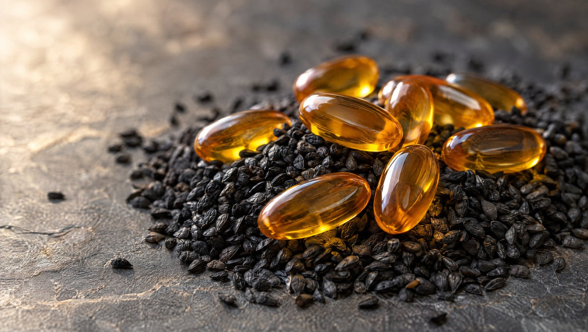 Close-up of amber softgels on black seeds