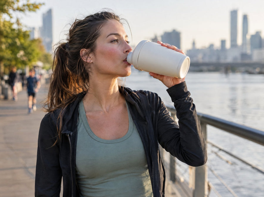 Woman drinking from a shaker bottle after a run
