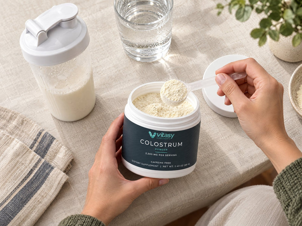 Flat-lay of the colostrum tub with a scoop and shaker