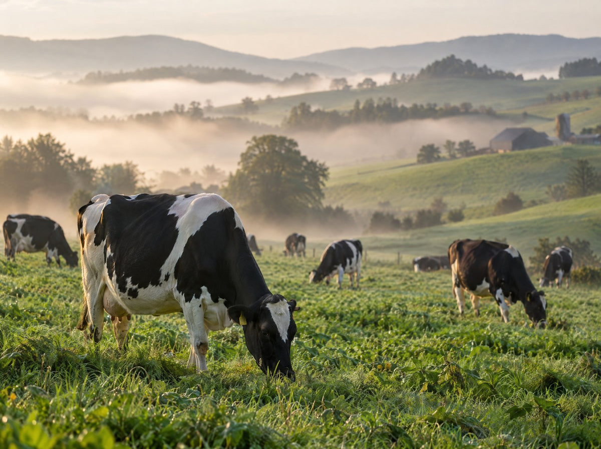Cows grazing on a green pasture in the morning
