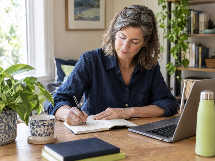 Woman around 50 writing a to-do list at a sunny desk