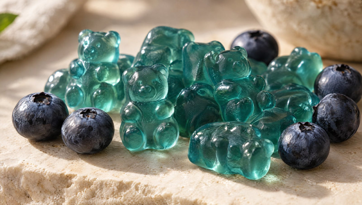 Close-up of teal creatine bear gummies