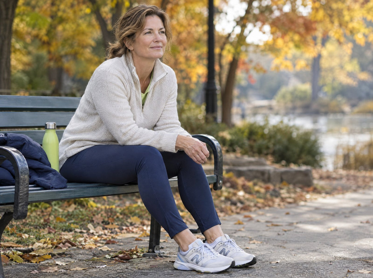 Woman in her fifties resting on a park bench after a morning walk