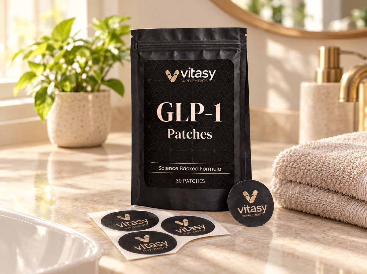GLP-1 Patches on a bathroom counter in the morning