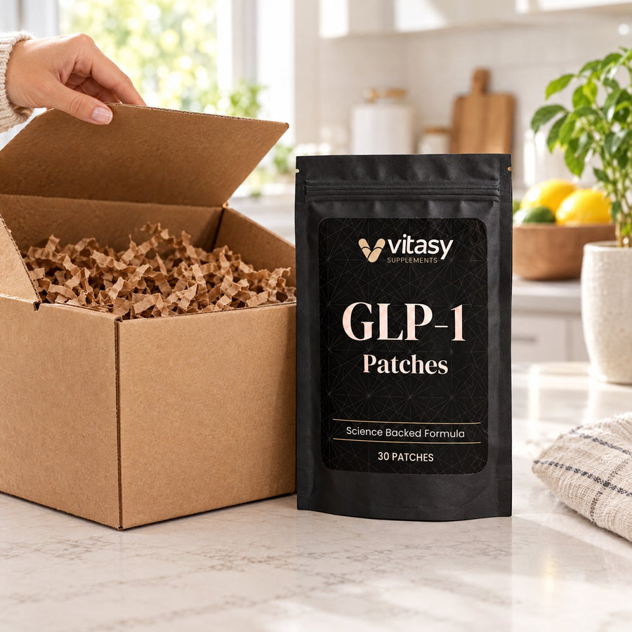 GLP-1 Patches pouch unpacked from its delivery box on a kitchen counter