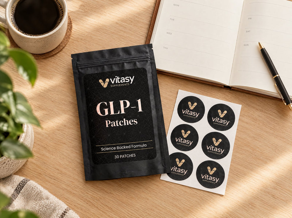 Flat-lay of the GLP-1 Patches pouch with a weekly planner