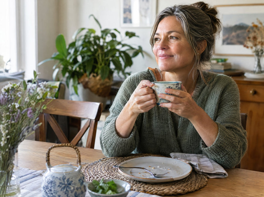 Woman relaxing after dinner with peppermint tea