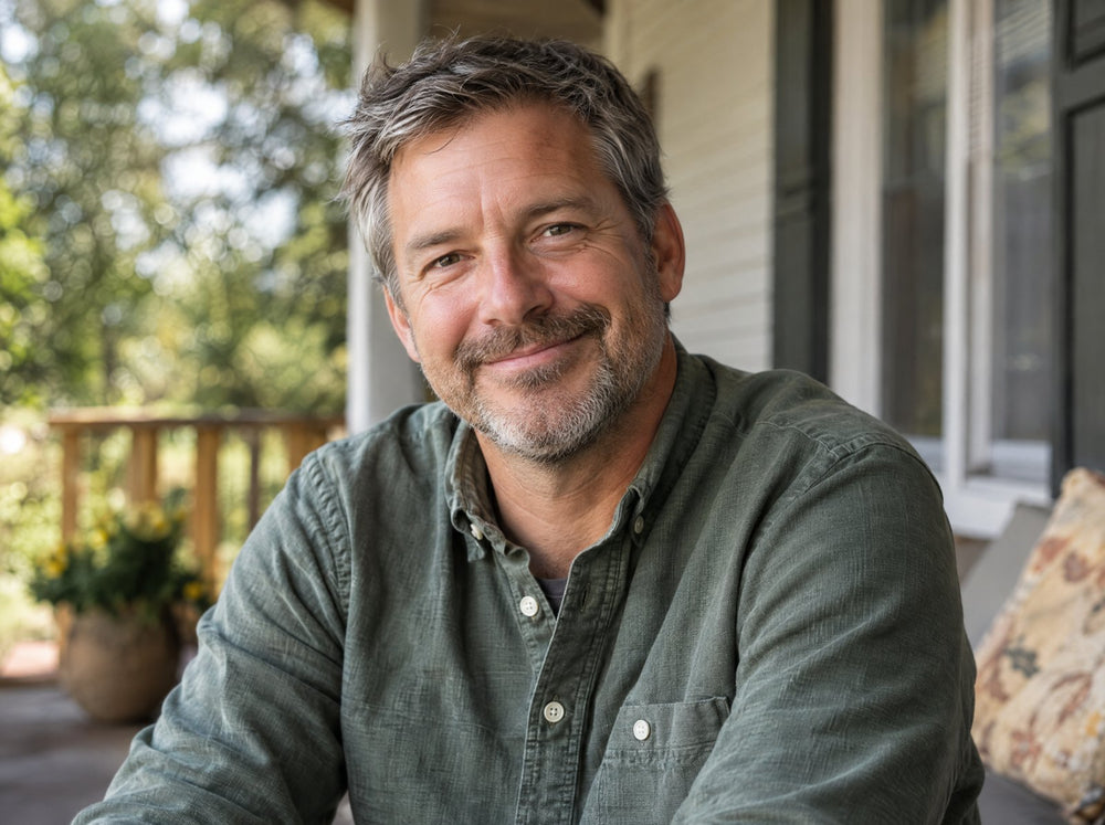 Man in his fifties on a porch