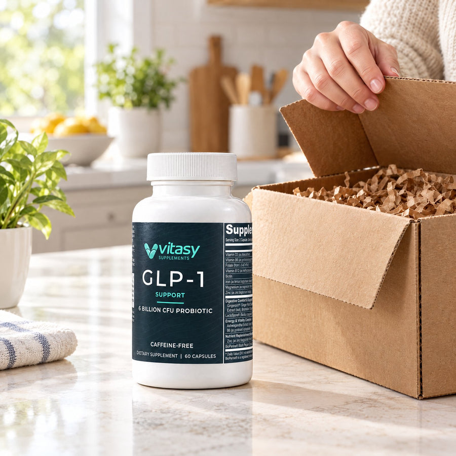 GLP-1 Support bottle unpacked from its delivery box on a kitchen counter