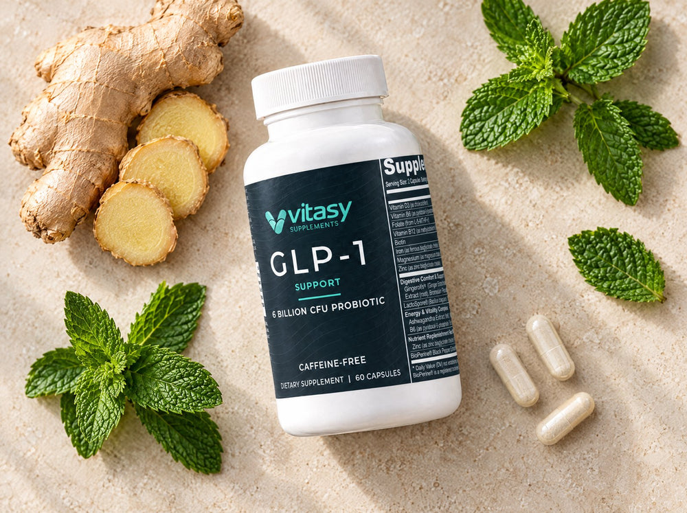 Flat-lay of the GLP-1 Support bottle with ginger and mint