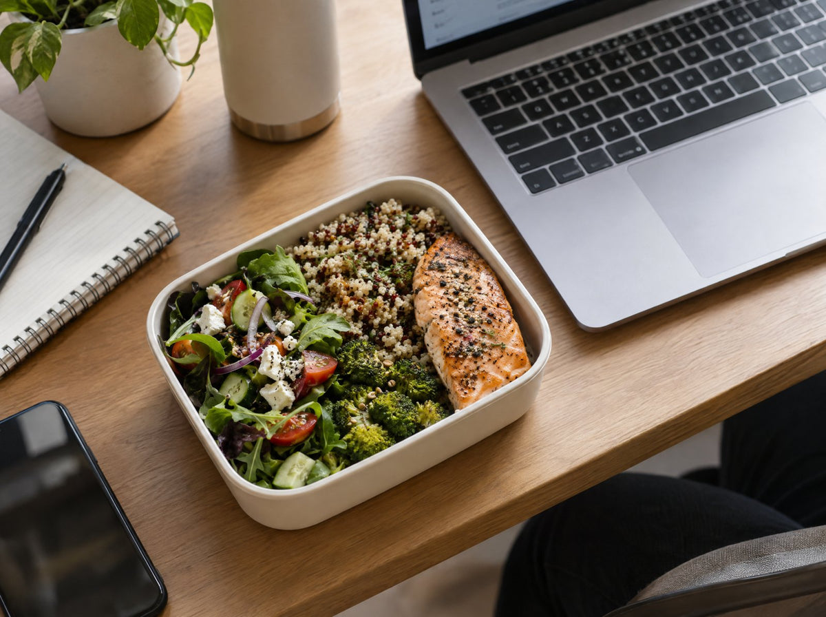 Small lunch on a desk on a busy workday