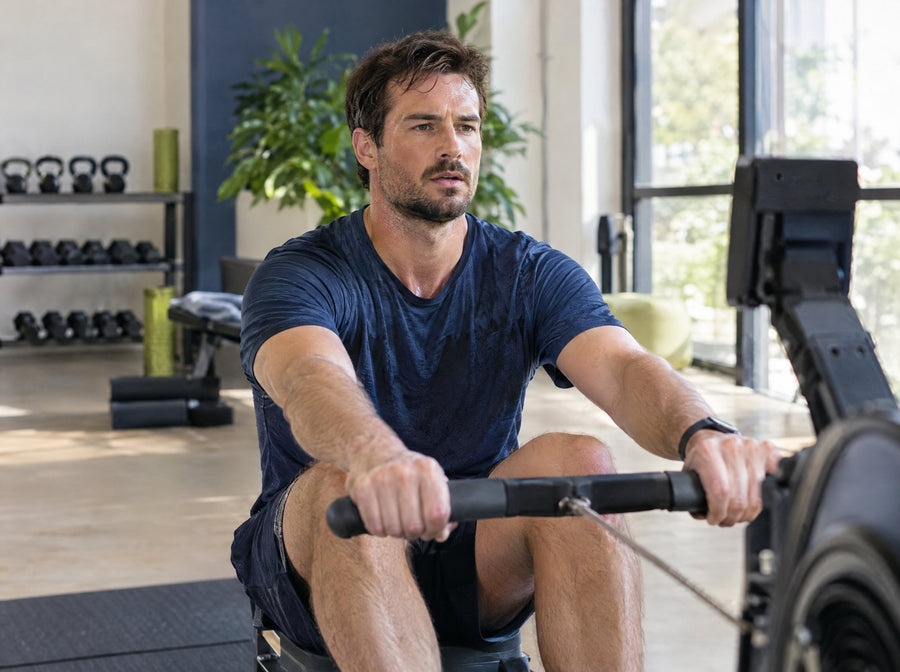 Man training on a rowing machine in a bright gym