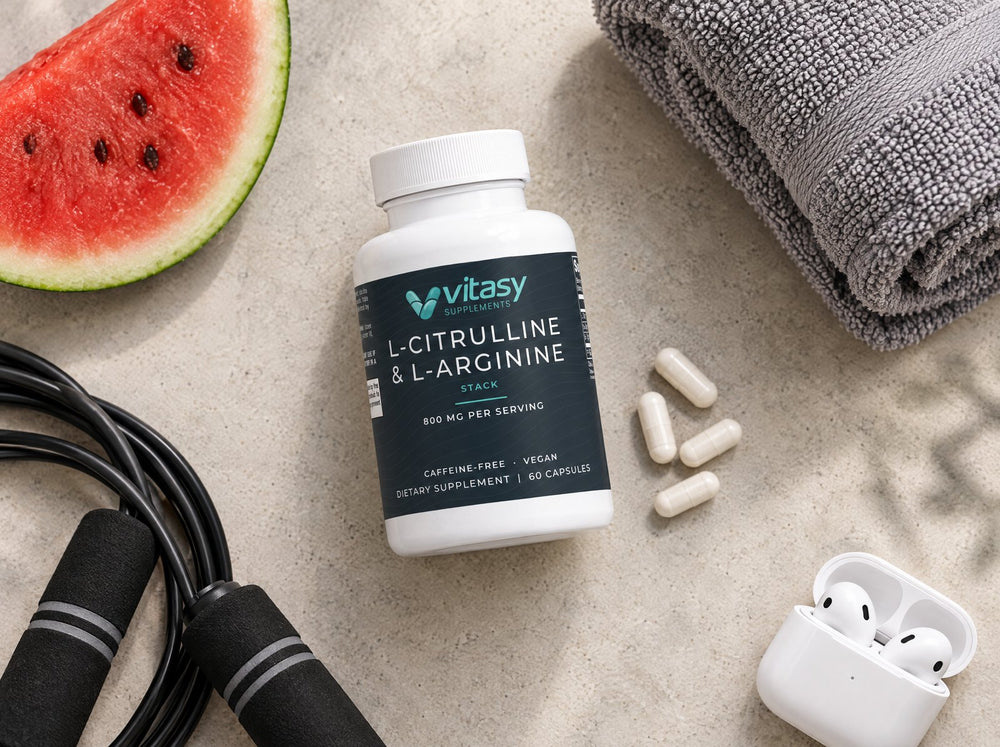 Flat-lay of the L-Citrulline bottle with a towel, watermelon, jump rope and earbuds