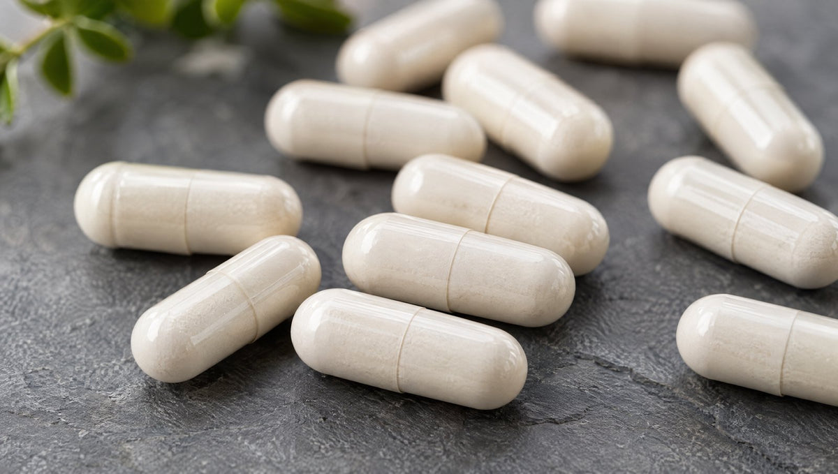 Close-up of white vegan capsules