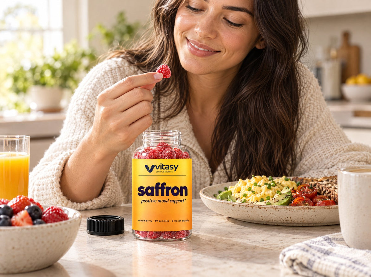 Hand holding one saffron gummy in the morning
