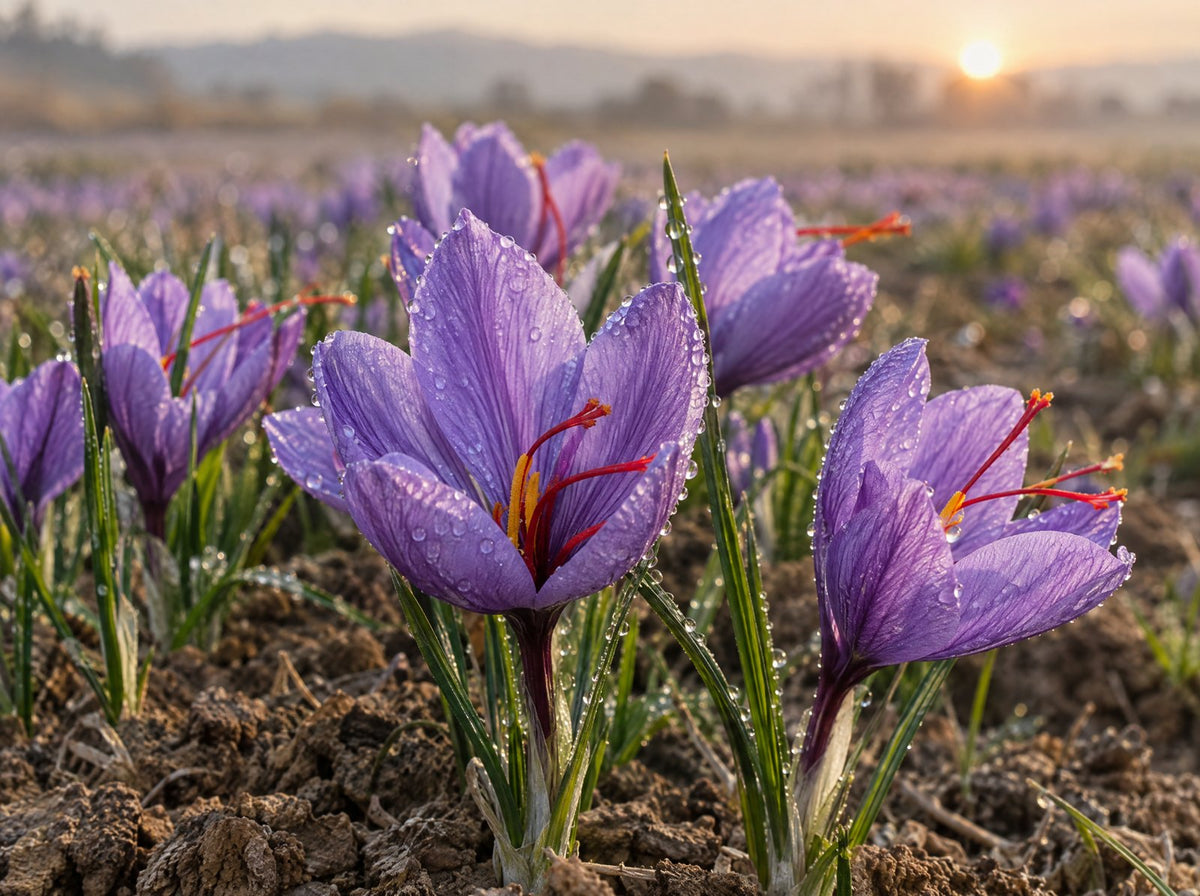 Saffron crocus flowers with red stigmas