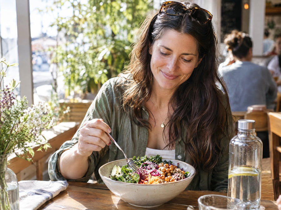 Woman enjoying a fresh lunch bowl at a sunny table