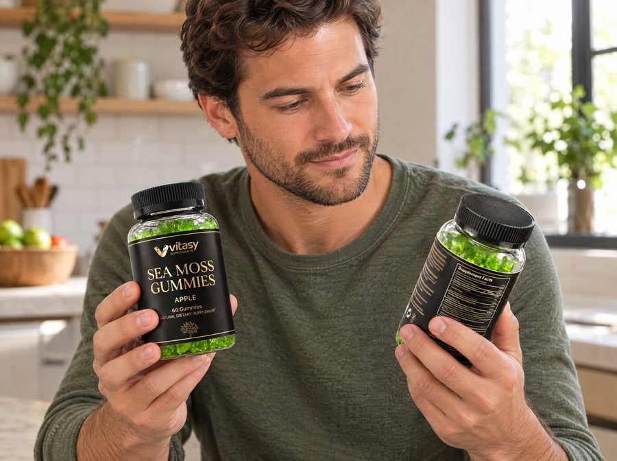 Man reading the back label of the sea moss jar