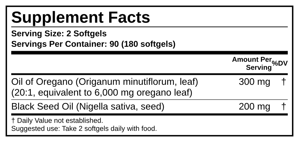 Supplement Facts: serving size 2 softgels, 90 servings; oil of oregano 300 mg, black seed oil 200 mg
