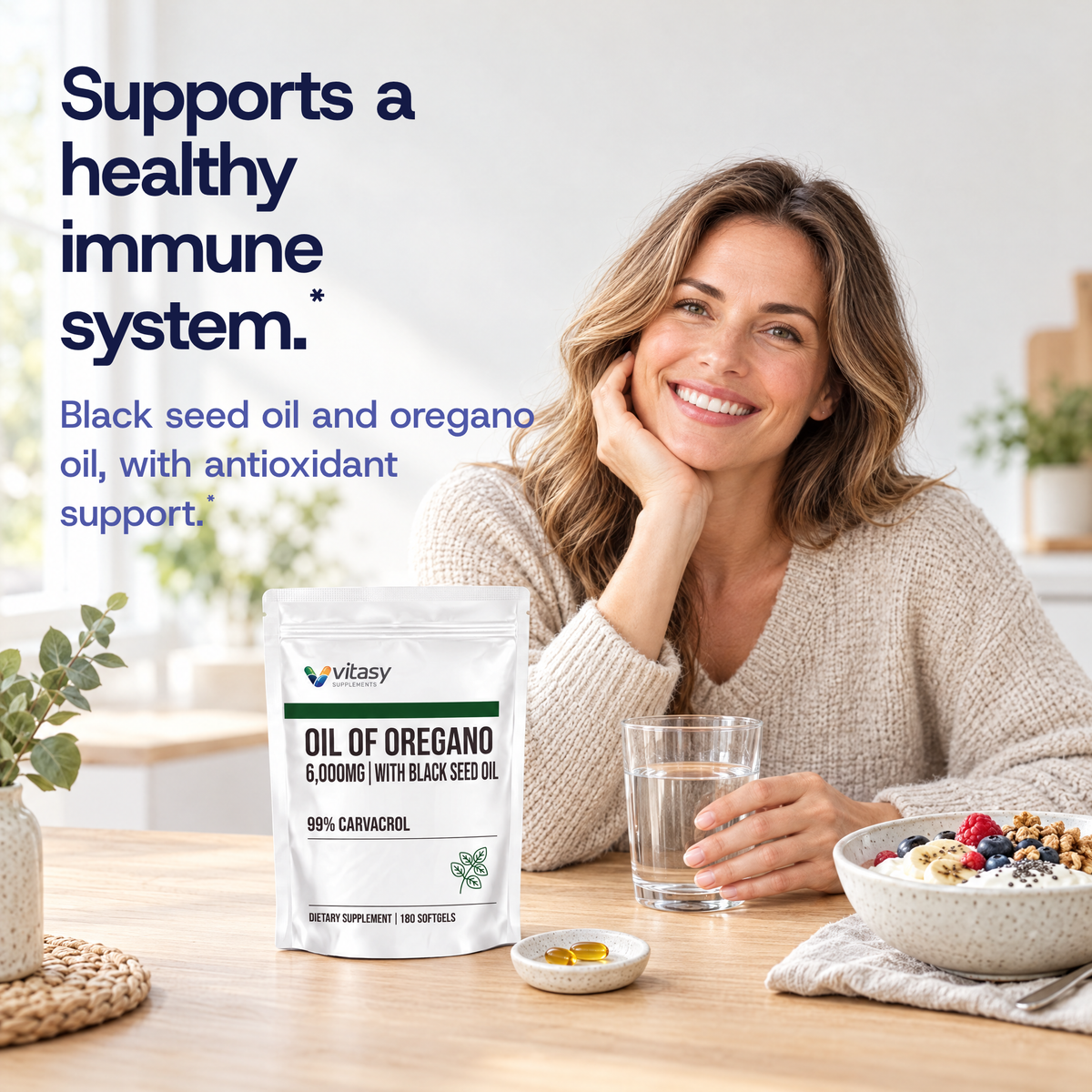 Supports a healthy immune system. Woman at a sunny breakfast table with the Vitasy Oil of Oregano pouch