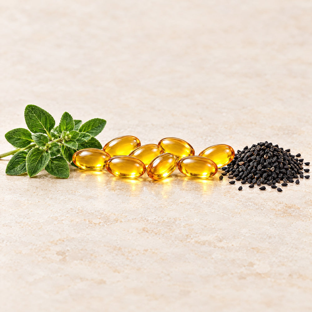 Golden softgels between fresh oregano leaves and black seeds