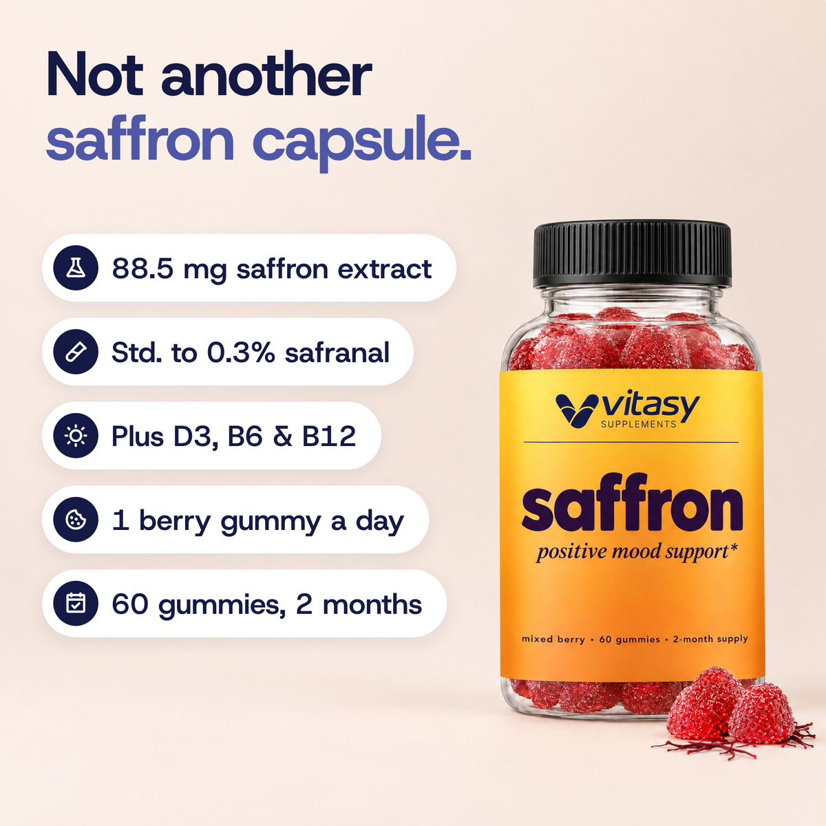 Not another saffron capsule: 88.5 mg saffron extract, standardized to 0.3% safranal, plus D3, B6 and B12, 1 mixed berry gummy a day, 60 gummies for 2 months