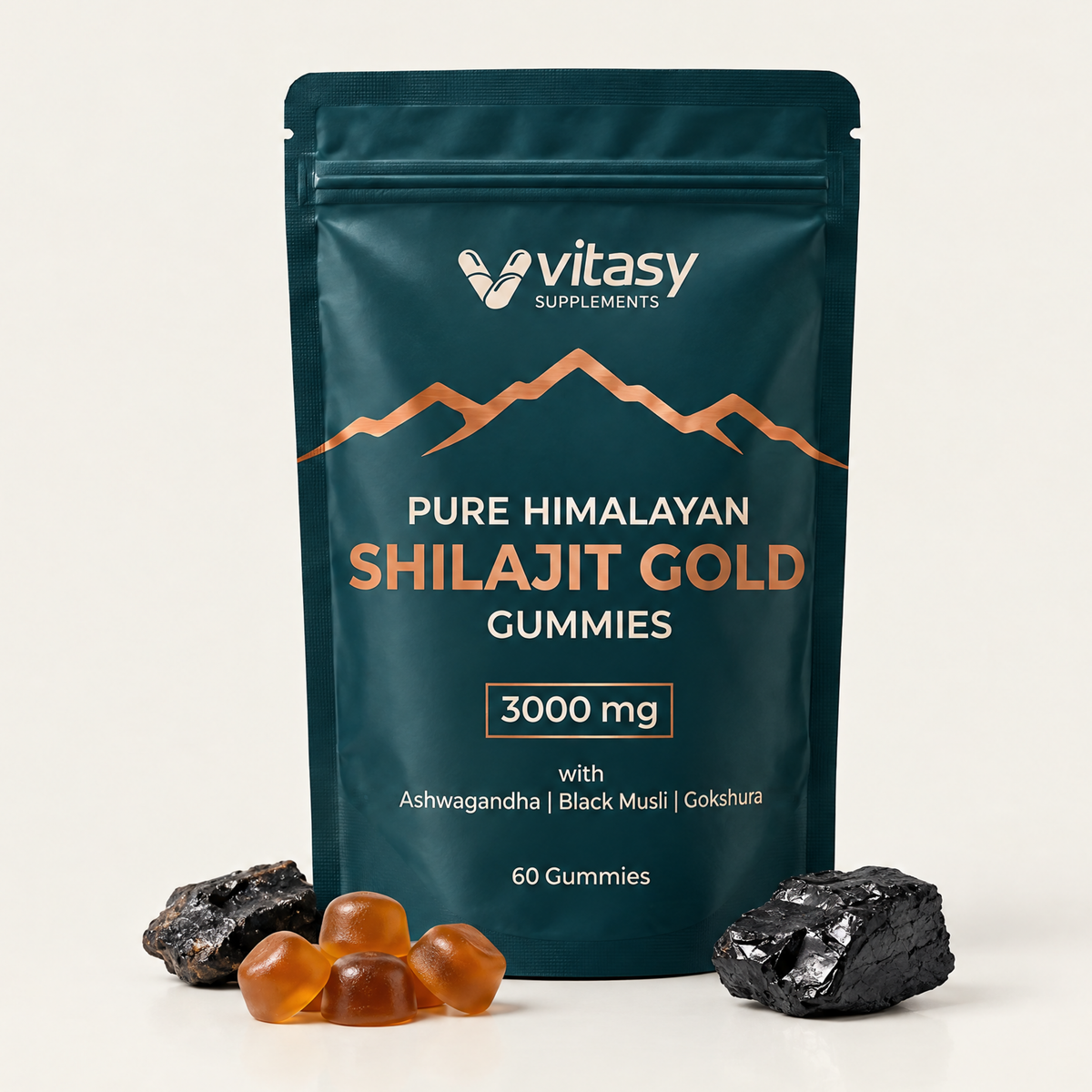 Vitasy Shilajit Gummies pouch, 60 gummies, with amber gummies and raw shilajit resin
